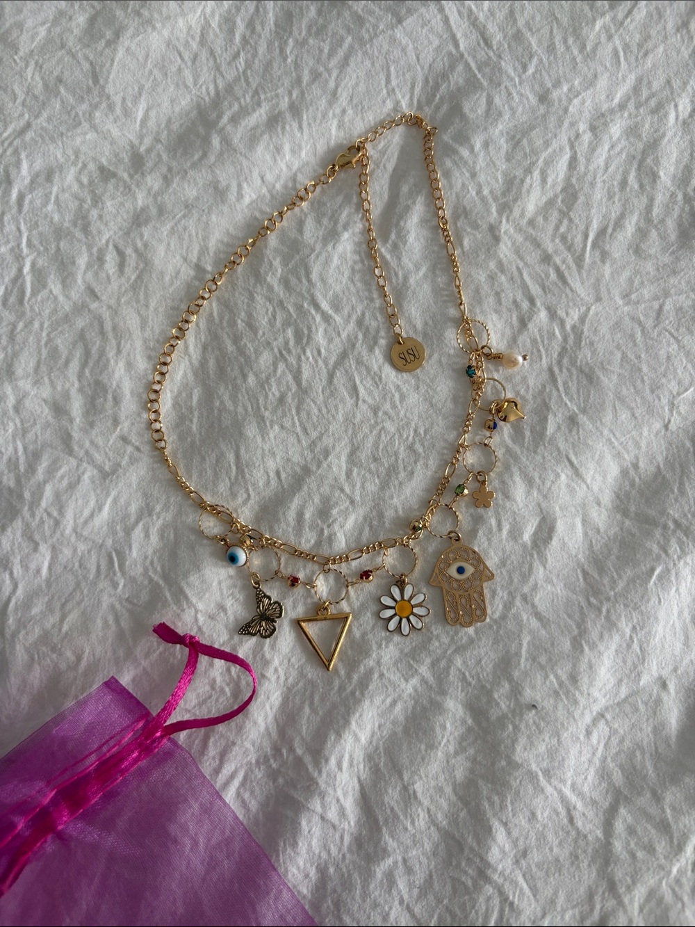 Gold Multi-Charm Hamsa & Daisy Necklace - Unbranded